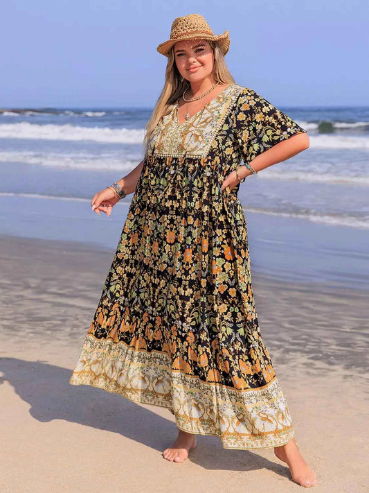 Plus Size Bohemian Floral Tiered Maxi Dress