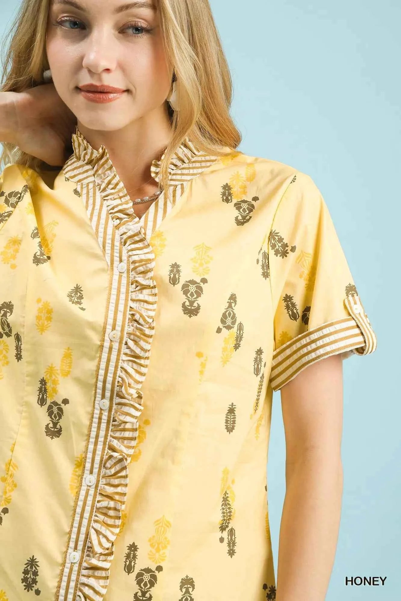 Umgee Printed Ruffle Trim Button Front Blouse