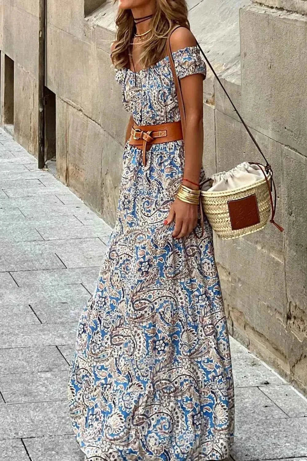 Boho Paisley Print Off Shoulder Maxi Dress