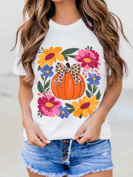 Pumpkin Floral Graphic Round Neck T-Shirt