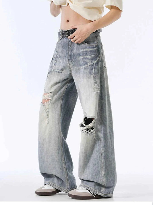 Men's Distressed Wide Leg Vintage Wash Jeans