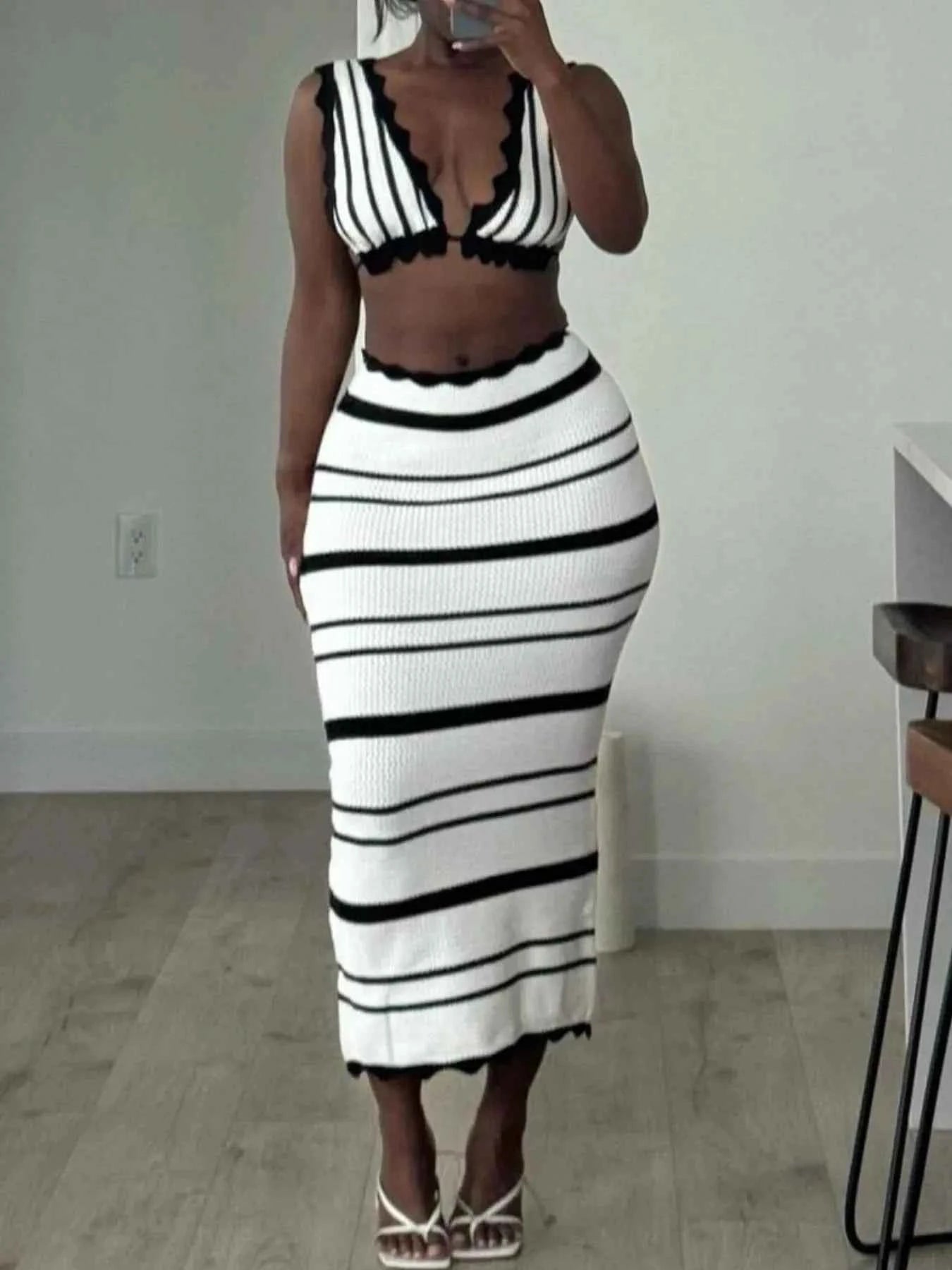 Striped Cami and Midi Skirt Sweater Set