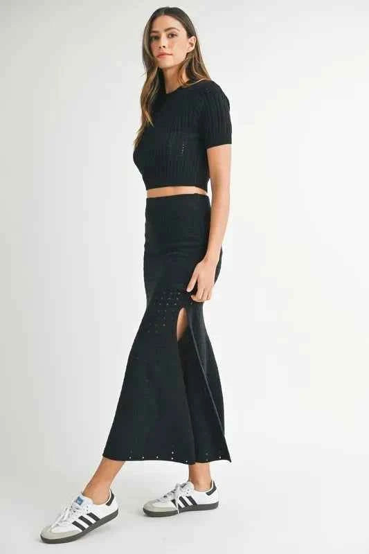 MABLE Pointelle Short Sleeve Crop Top and Slit Skirt Sweater Set