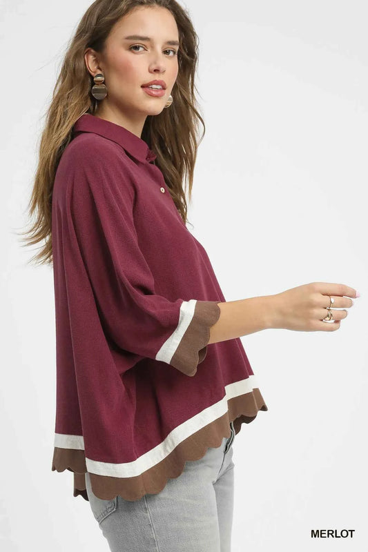 Umgee Colorblock Button-Down Shirt with Scallop Hem