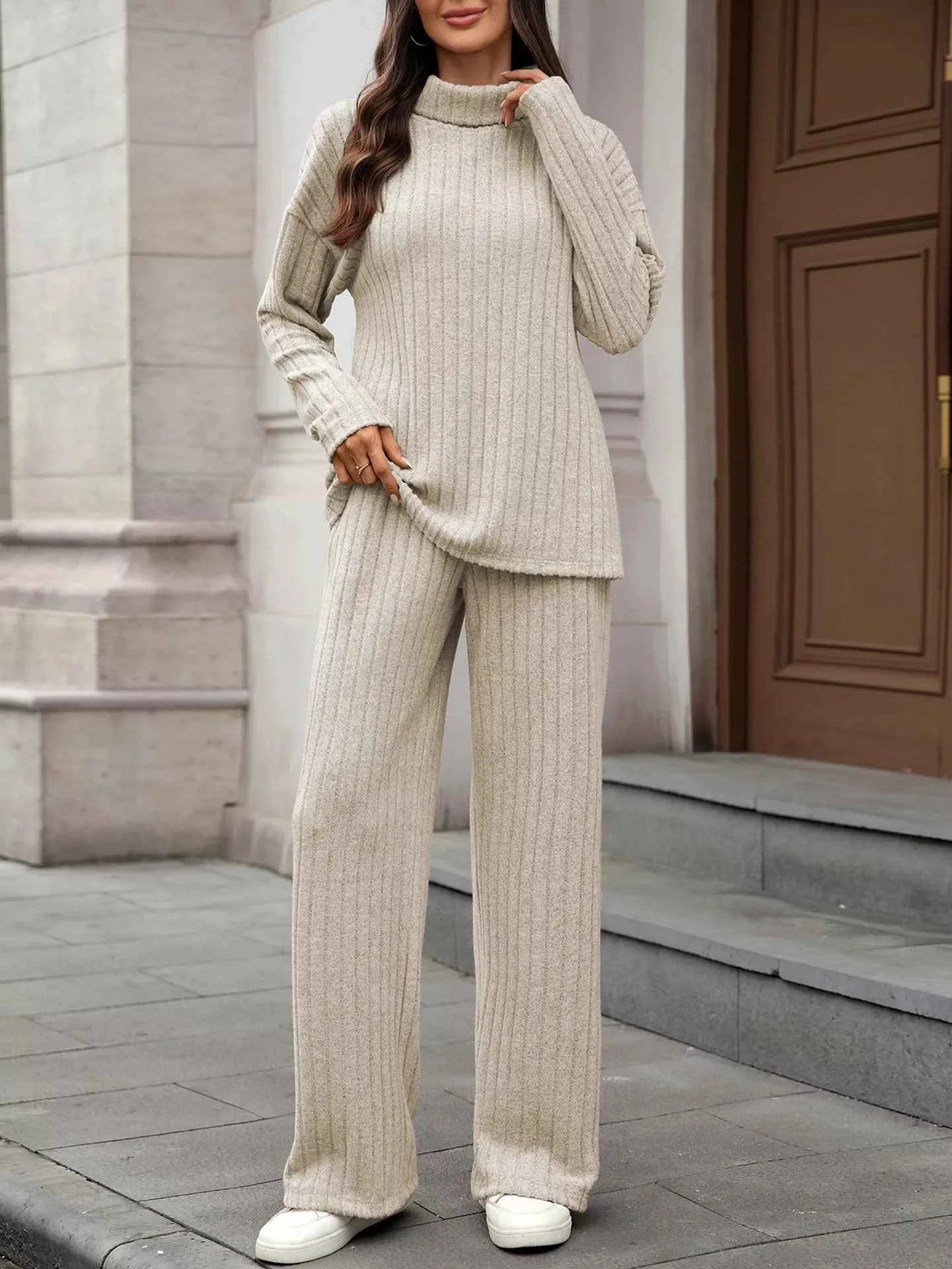 Ribbed Turtleneck Dropped Shoulder Top and Pants Sweater Set