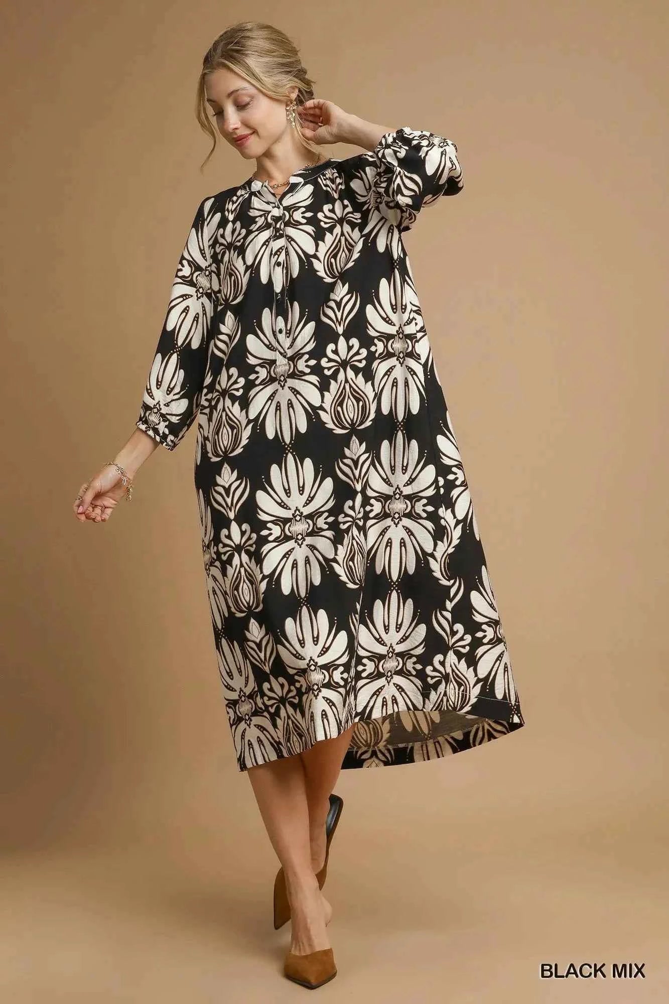 Umgee Mix Abstract Floral Print Midi Dress