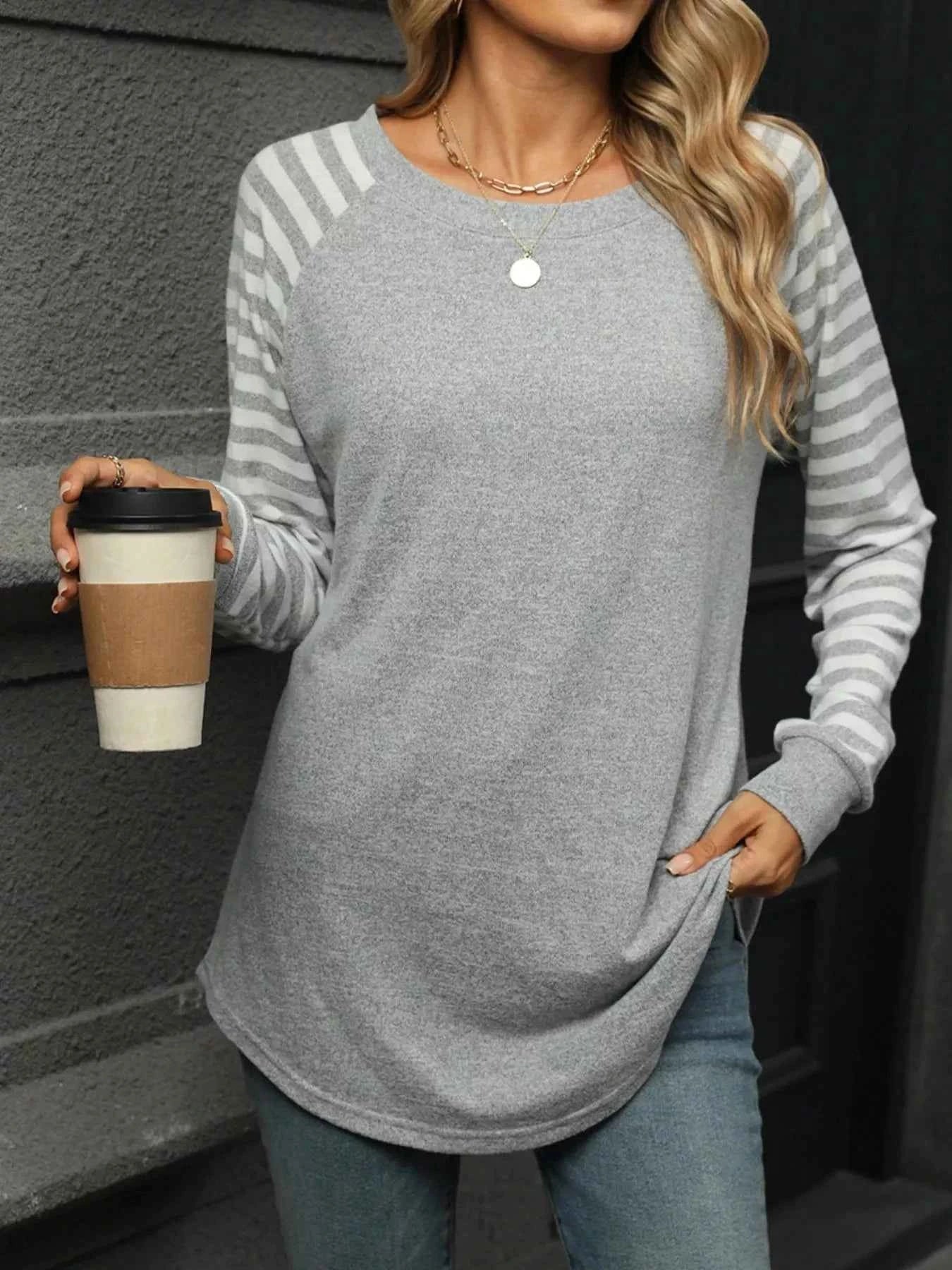 Striped Round Neck Raglan Sleeve T-Shirt