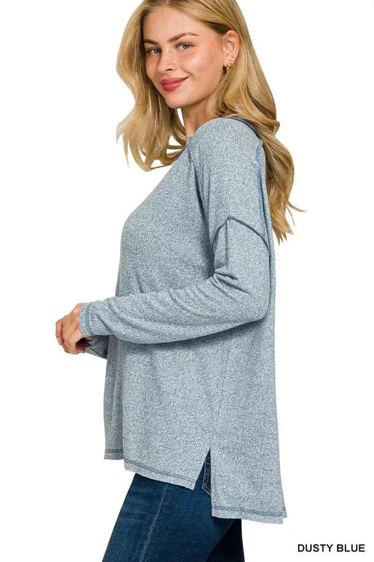 Zenana Full Size Melange Hacci Exposed Seam Hi-low Tee Plus Size