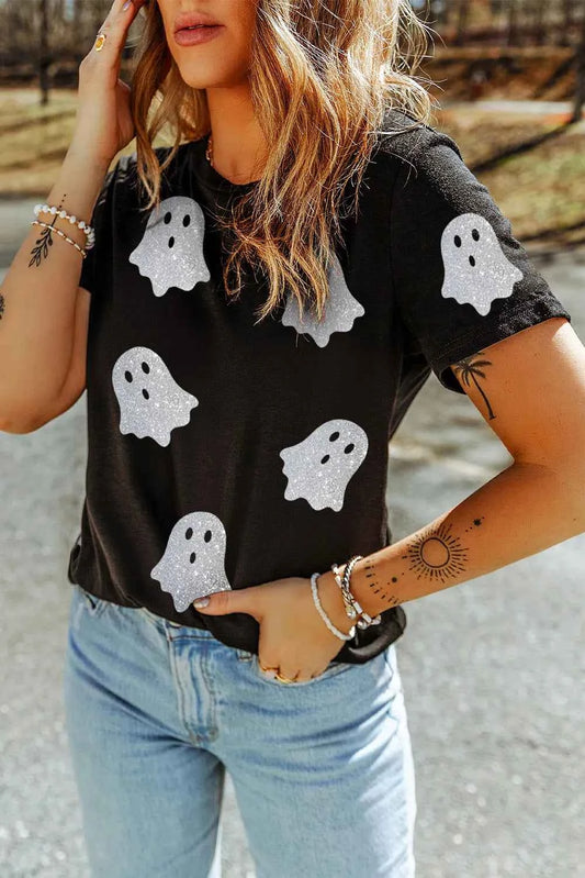 Glitter Ghost Round Neck Short Sleeve T-Shirt