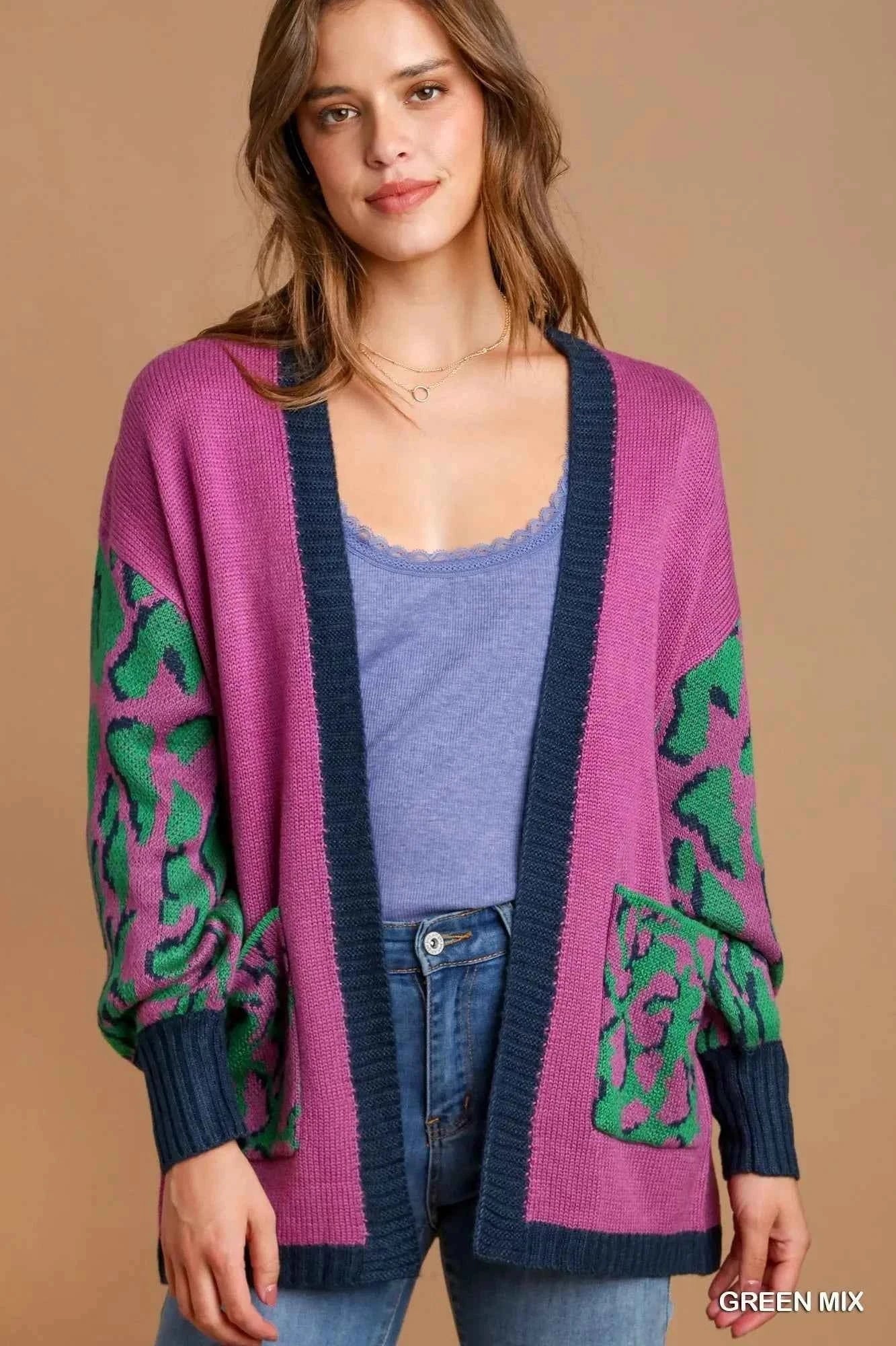 Umgee Animal Print Open Front Sweater Cardigan