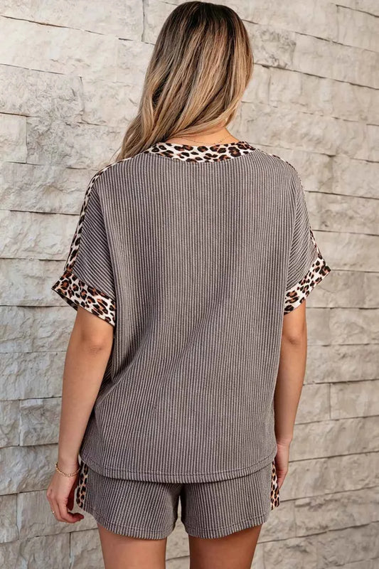Leopard Trim Ribbed Knit Tee and Shorts Set