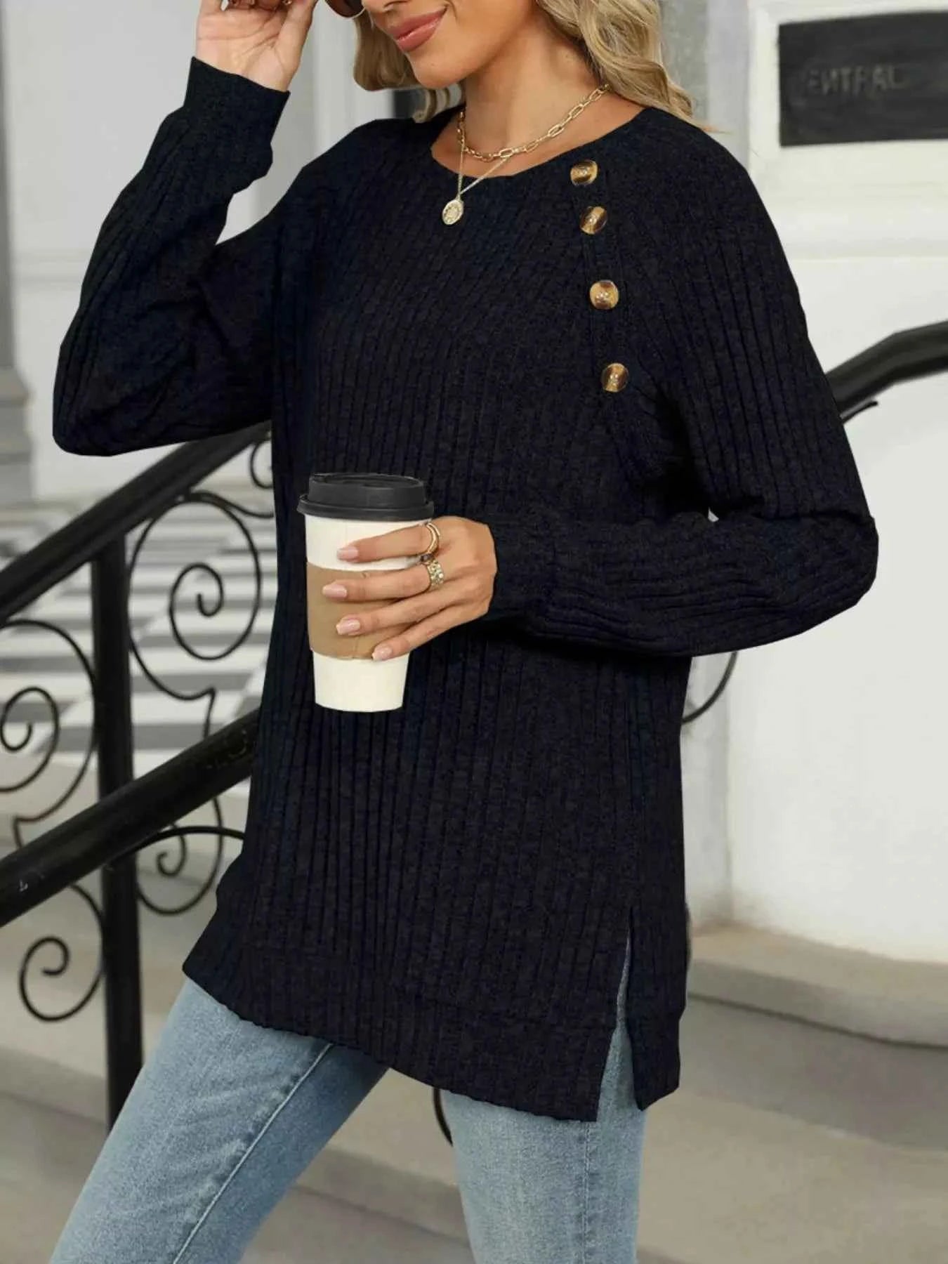 Round Neck Side Slit Ribbed Knit Top with Asymmetric Button Detail