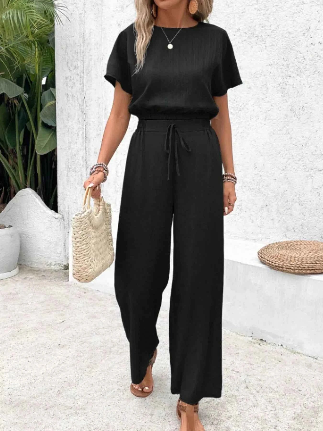 Round Neck Short Sleeve Top and Pants Set