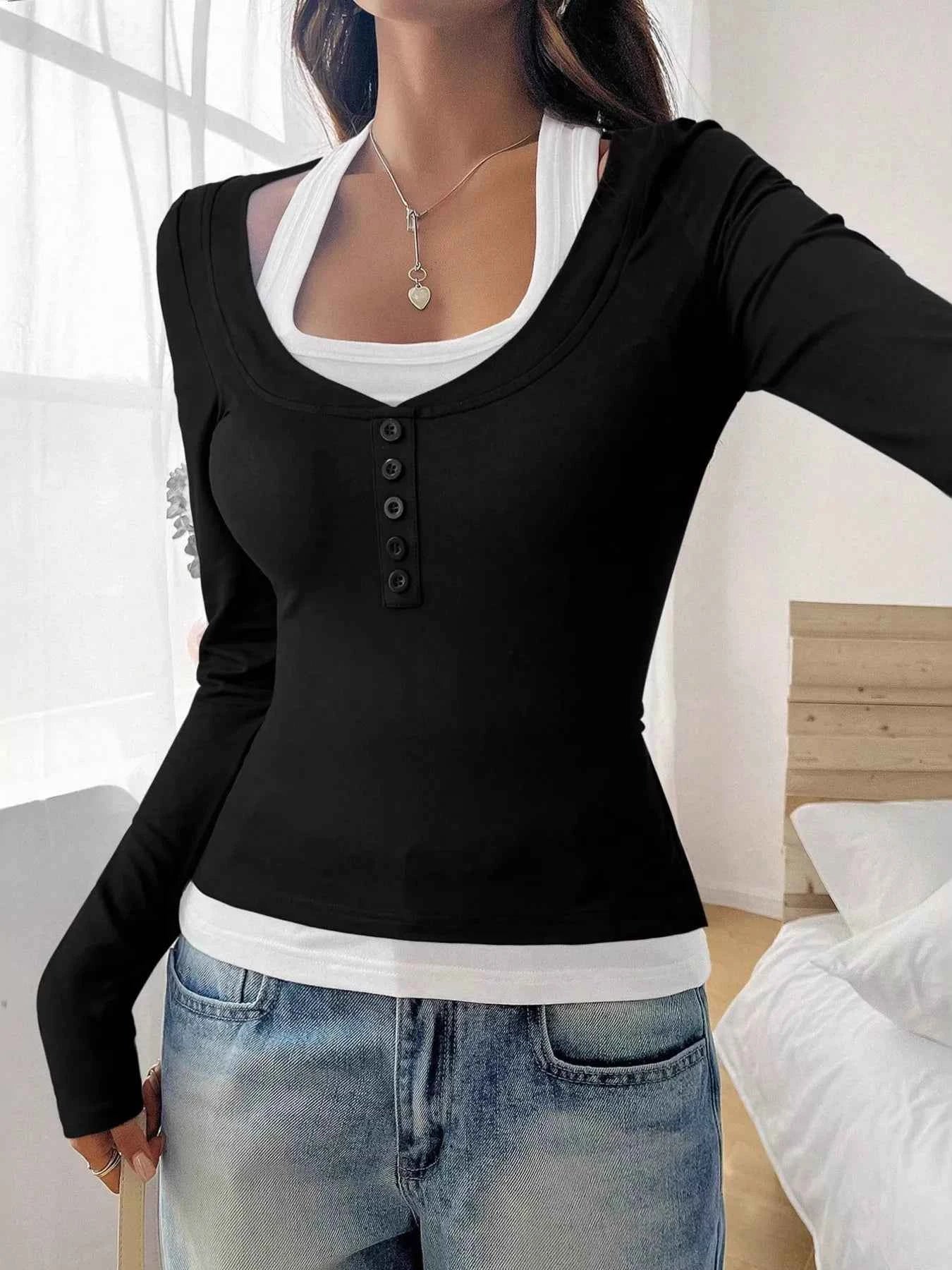 Scoop Neck Long Sleeve Fake Two-Piece T-Shirt