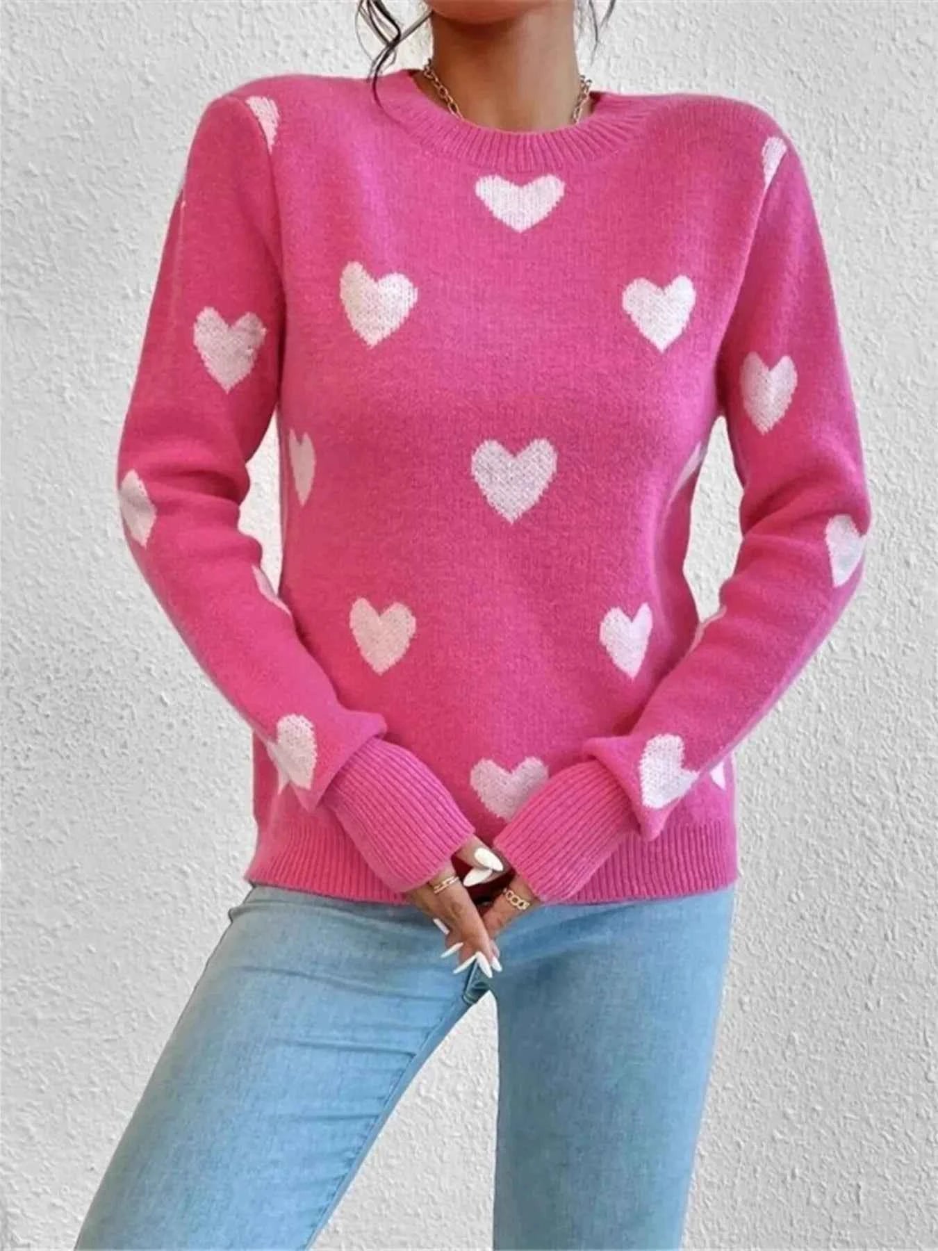 Heart Pattern Round Neck Sweater