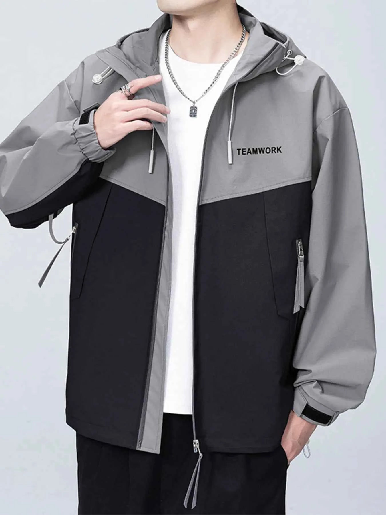 Men's Full Size Contrast Zip Up Long Sleeve Jacket Plus Size