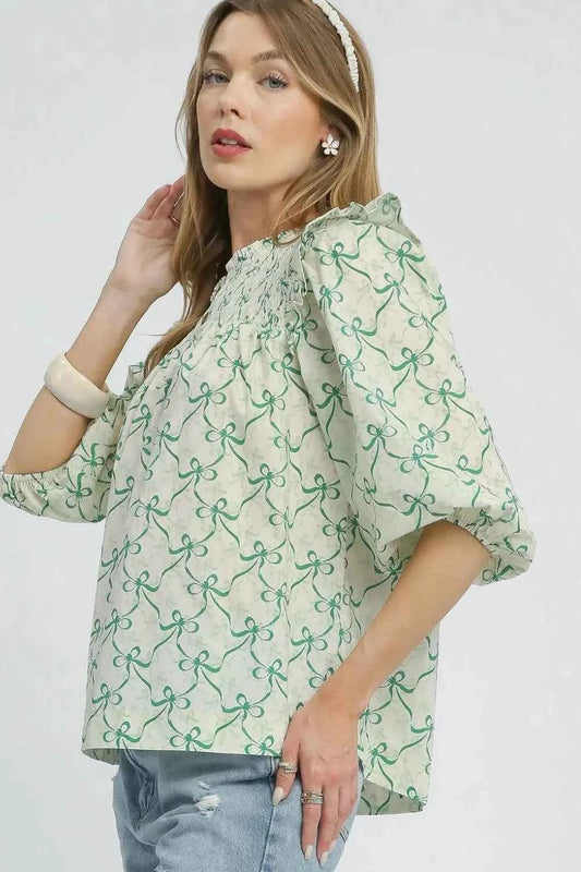 Umgee Ruffled Bow Print Notched Blouse
