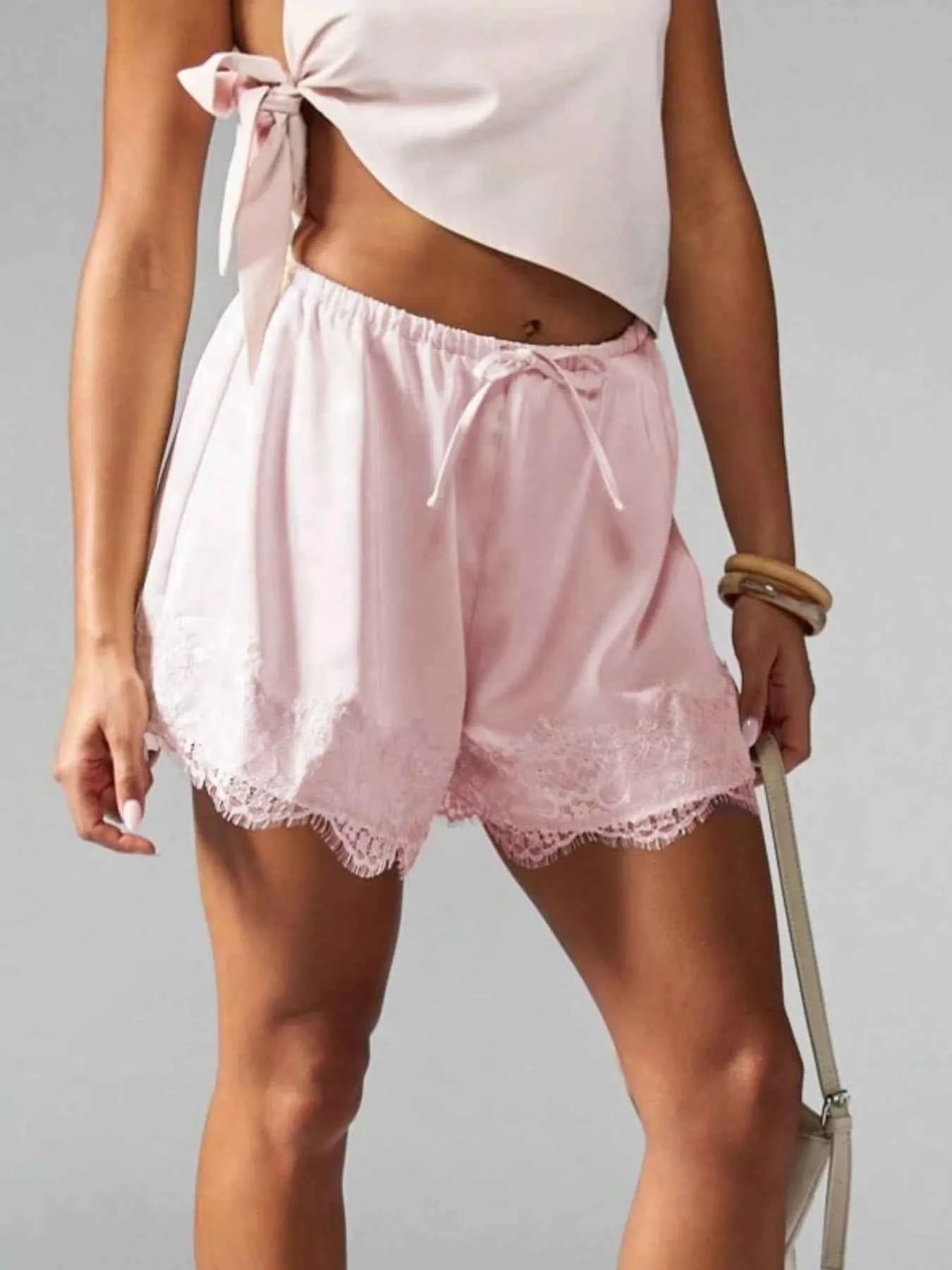Lace Trim Drawstring Casual Shorts