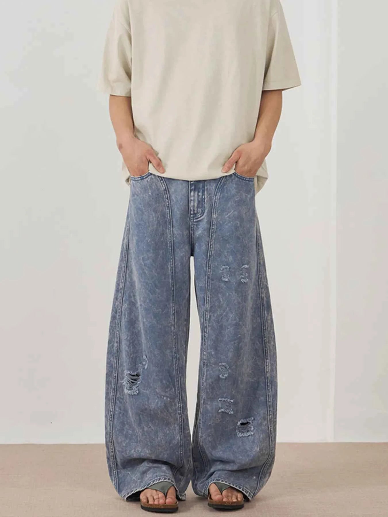 Men's Washed Wide Leg Distressed Pants