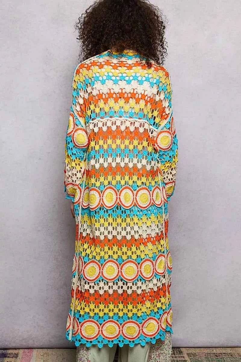 POL Scalloped Edge Open Front Crochet Cardigan with Colorful Stripe Pattern