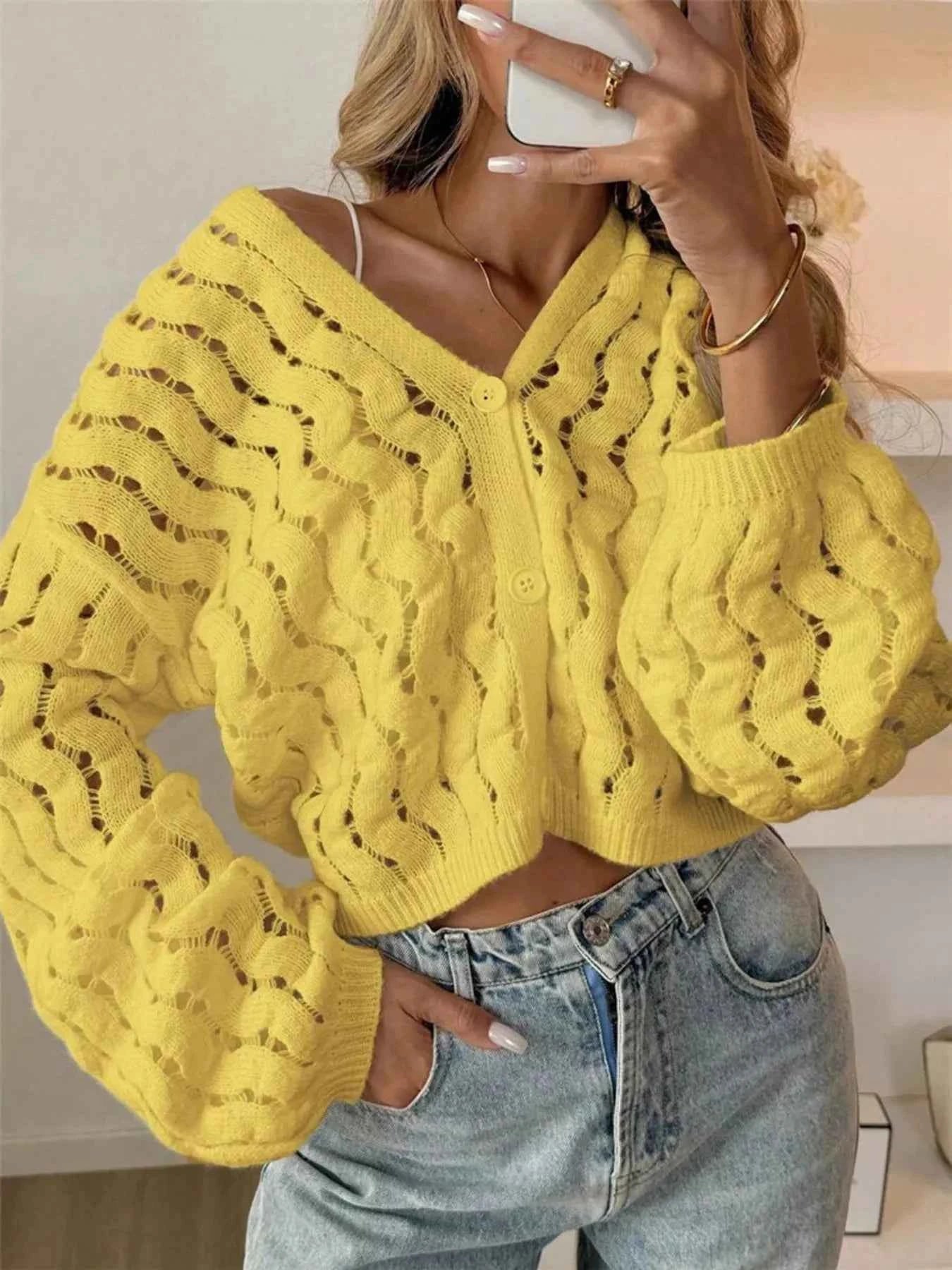 Openwork Button Up V-Neck Cardigan