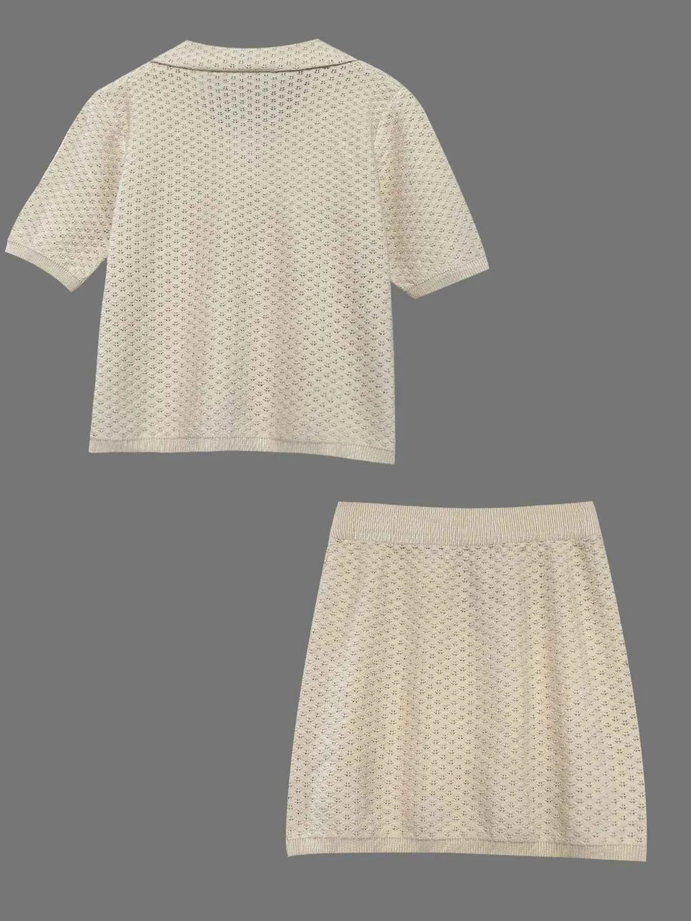 Openwork Button Up Top and Skirt Sweater Set