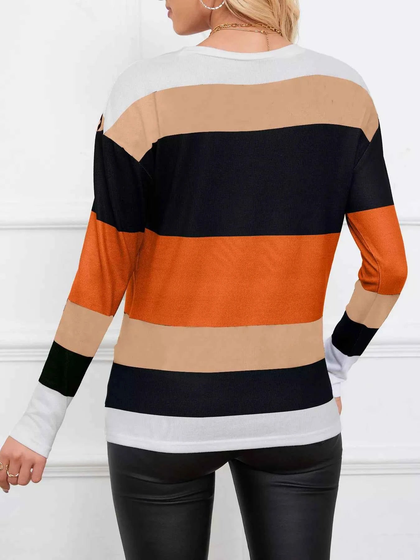 Leopard Color Block Striped Knit Top