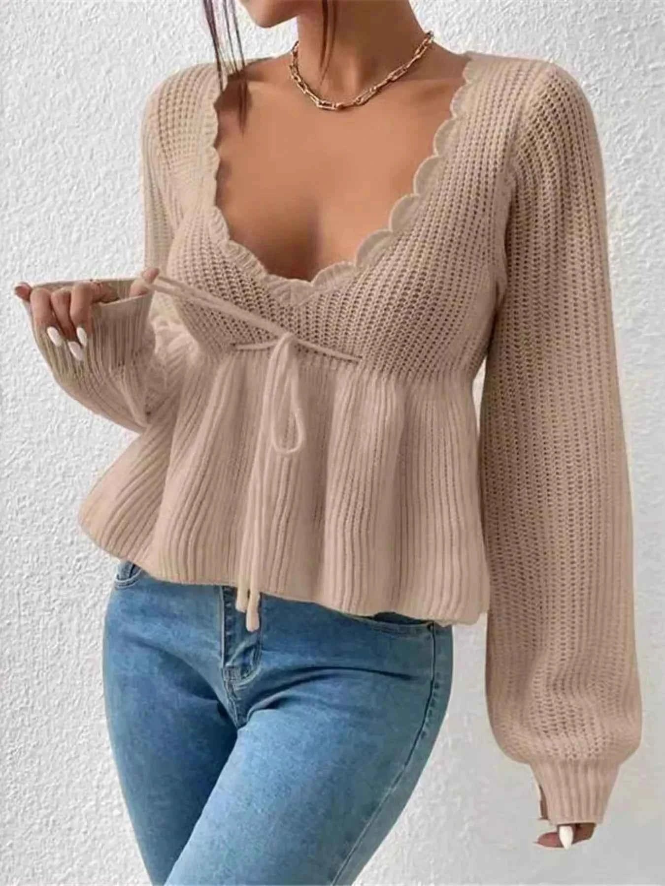 Scalloped V-Neck Drawstring Knit Top