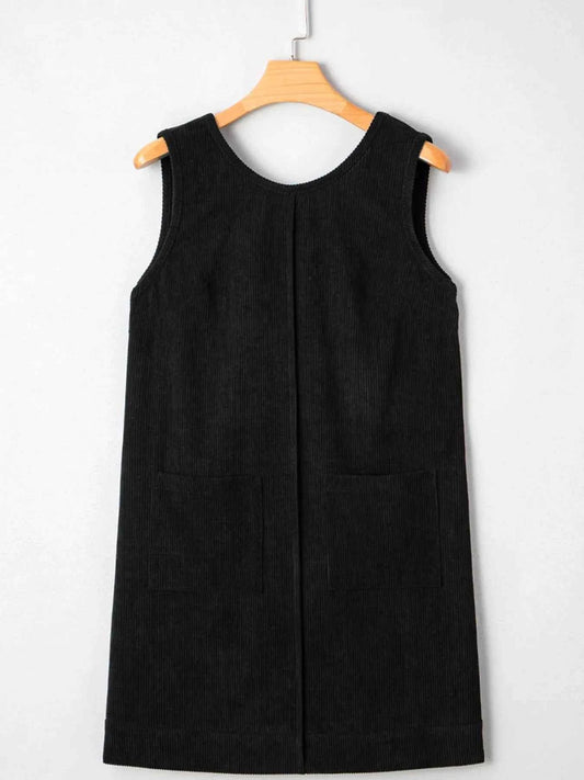 Corduroy Sleeveless Mini Dress with Patched Pockets