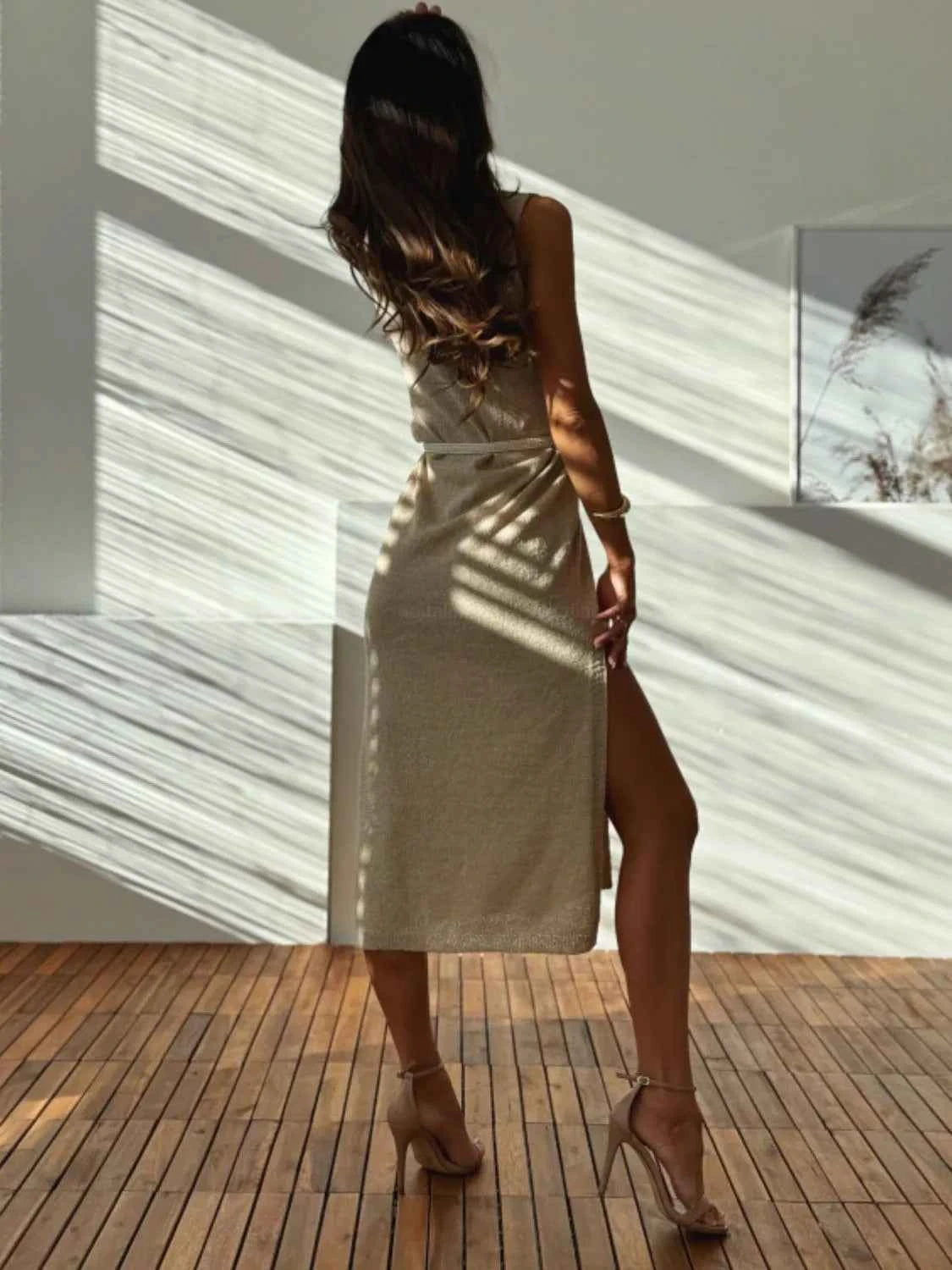 Slit V-Neck Sleeveless Sweater Dress