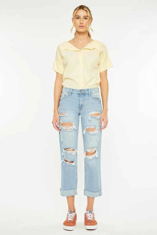 Kancan Mid Rise Distressed Boyfriend Jeans