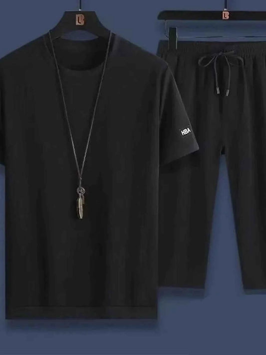 Men's Plus Size Round Neck Short Sleeve Top and Shorts Set