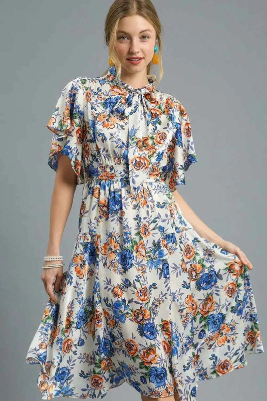 Umgee Floral Print Flutter Sleeve Dress