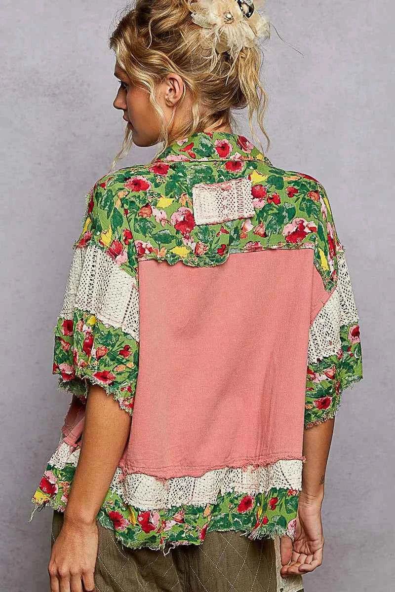POL Lace Patch Floral Half Sleeve Shacket