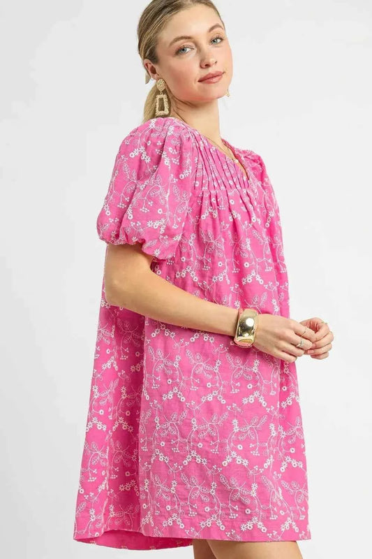 Umgee Floral Puff Sleeve V-Neck Mini Dress