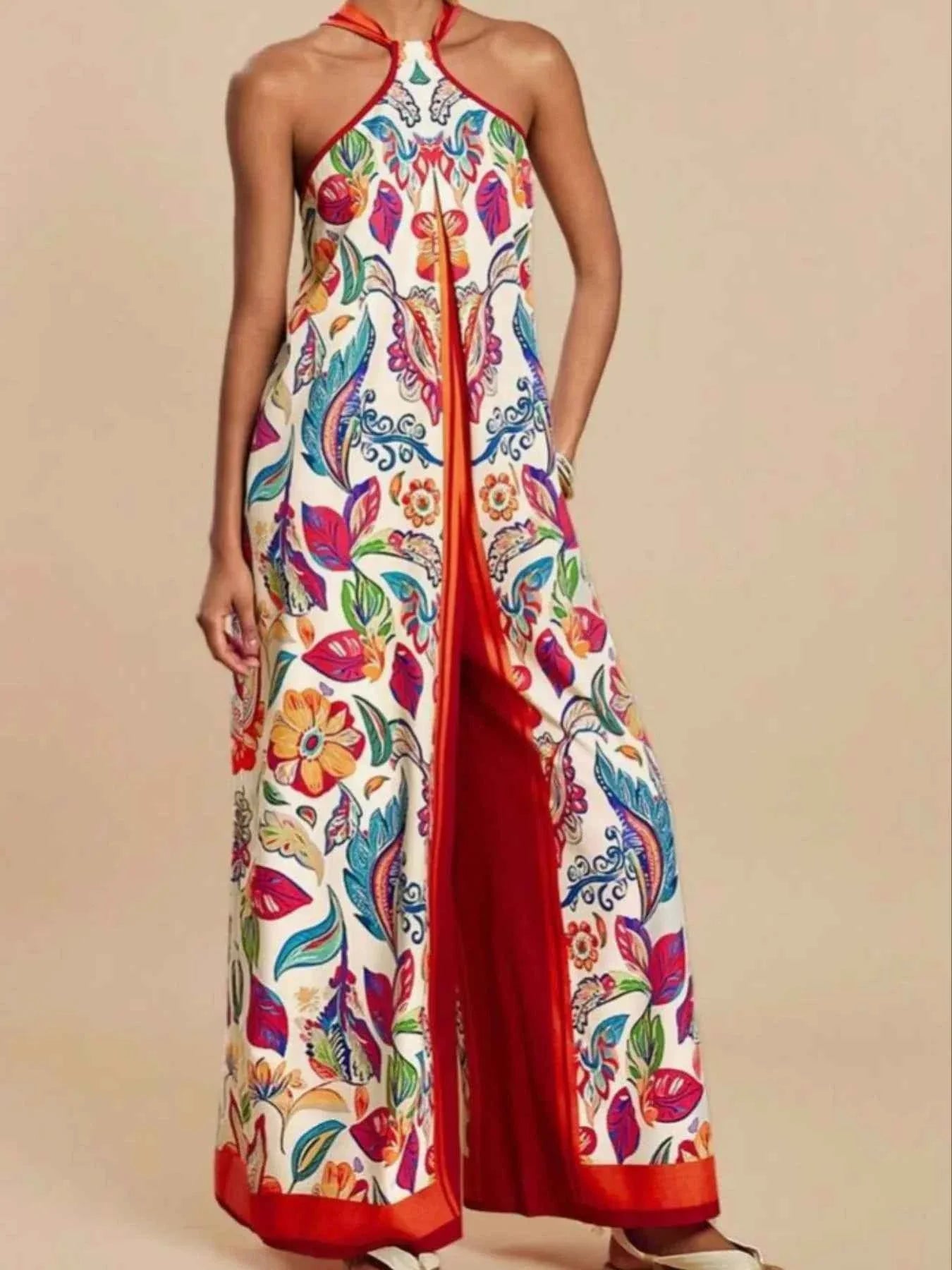 Printed Halter Wide-Leg Jumpsuit
