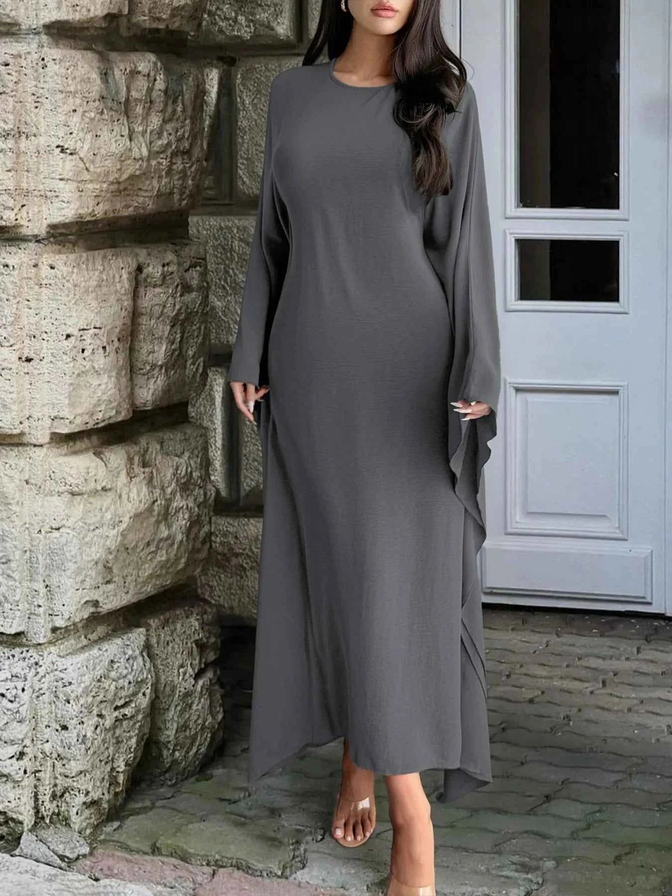 Round Neck Maxi Dress with Flowing Cape Sleeves