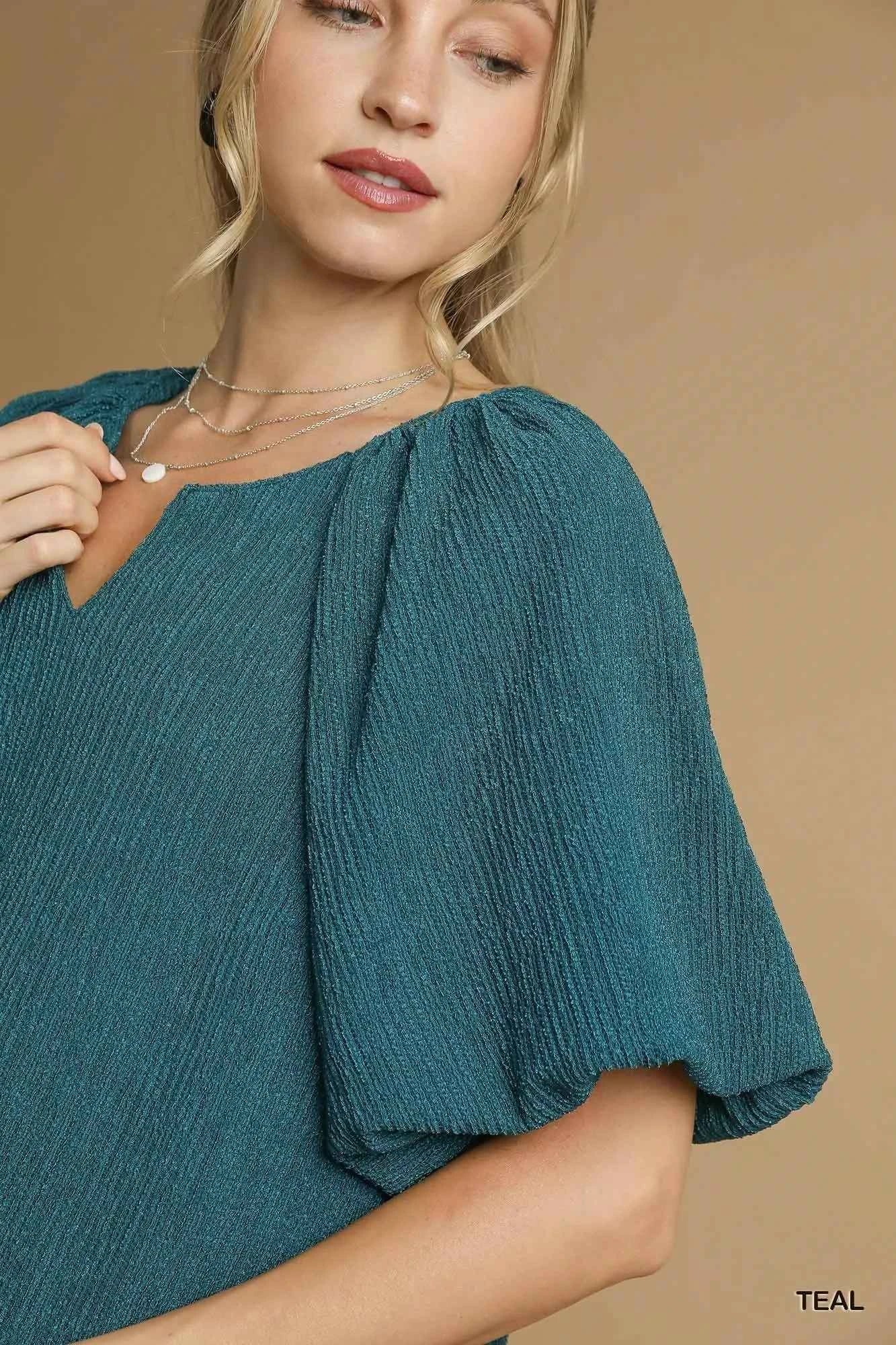 Umgee Textured Flutter Sleeve Notch Neck Top
