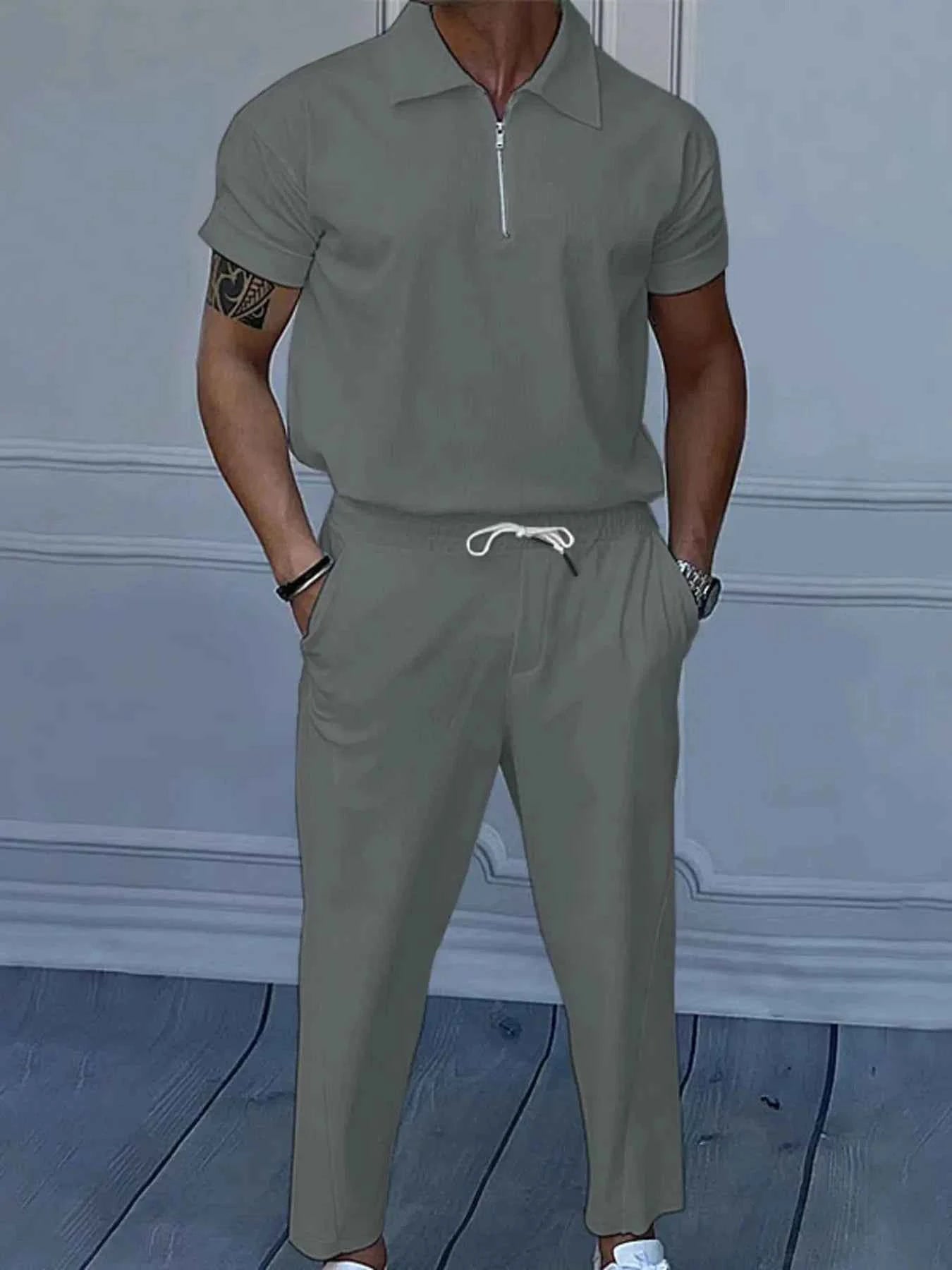 Men's Full Size Quarter Zip Short Sleeve Polo and Pants Set Plus Size