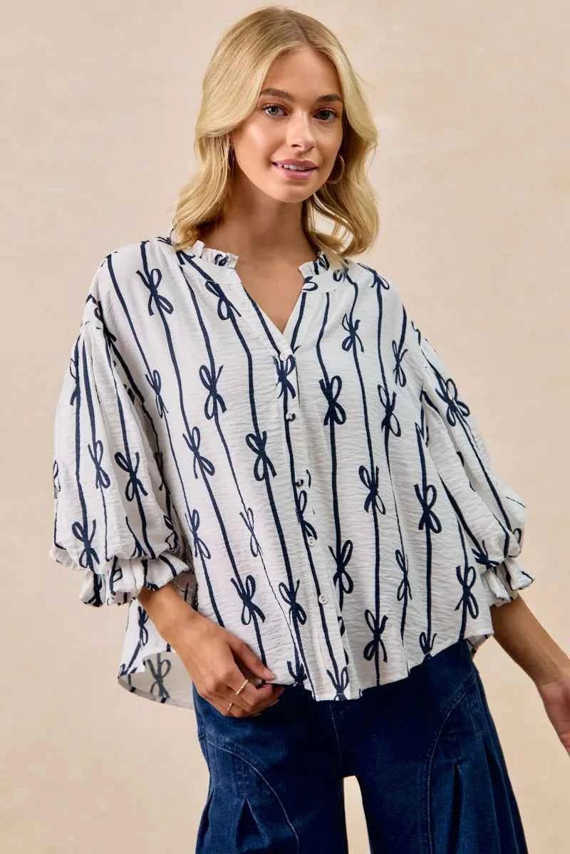 BiBi Bow Ribbon Printed Woven Bubble Sleeves Top