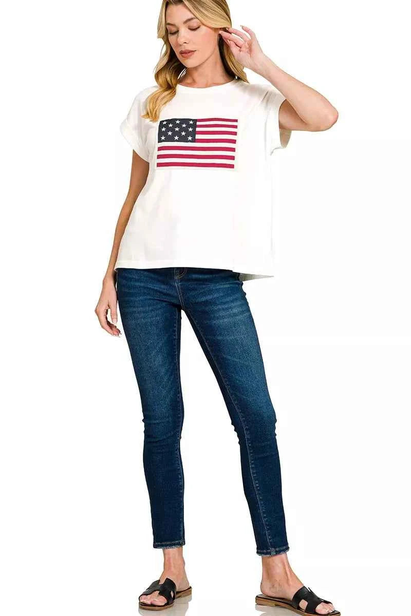 Zenana Full Size US Flag Round Neck Short Sleeve T-Shirt Plus Size