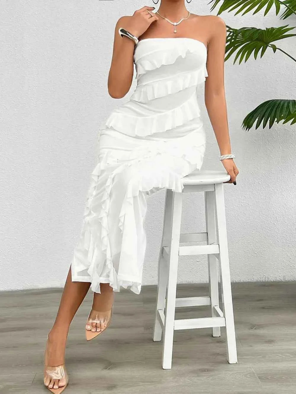 Ruffled Slit Back Tube Maxi Dress