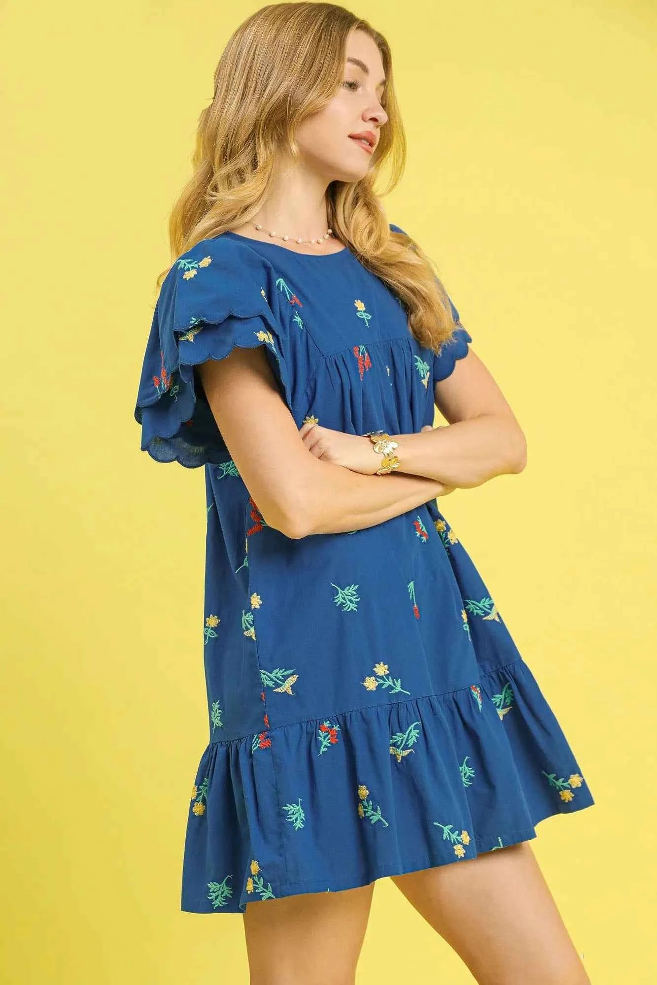 Umgee Floral Embroidered Short Sleeve Mini Dress