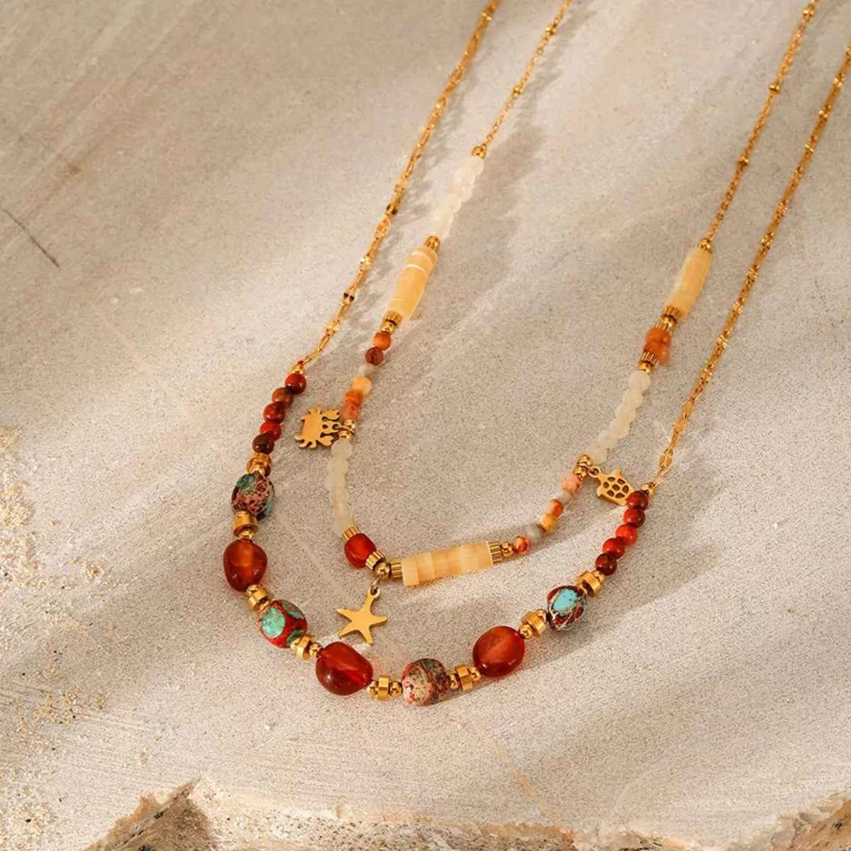 2 Piece 18K Gold-Plated Natural Stone Bead Necklace