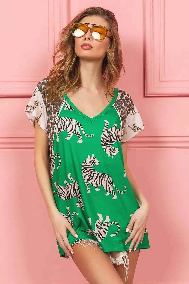 BiBi Tiger Printed Jersey Block T-Shirt with Aztec Trim