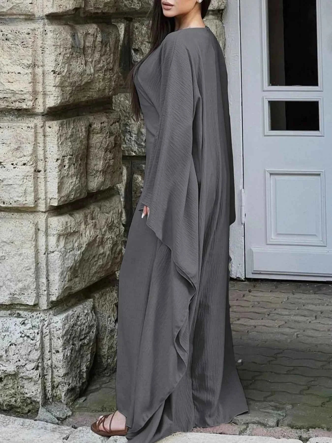 Round Neck Maxi Dress with Flowing Cape Sleeves