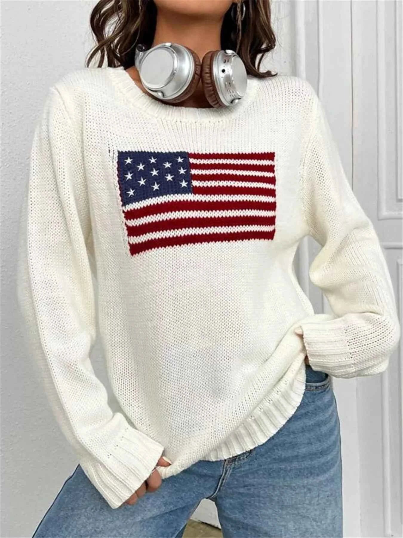US Flag Round Neck Long Sleeve Sweater