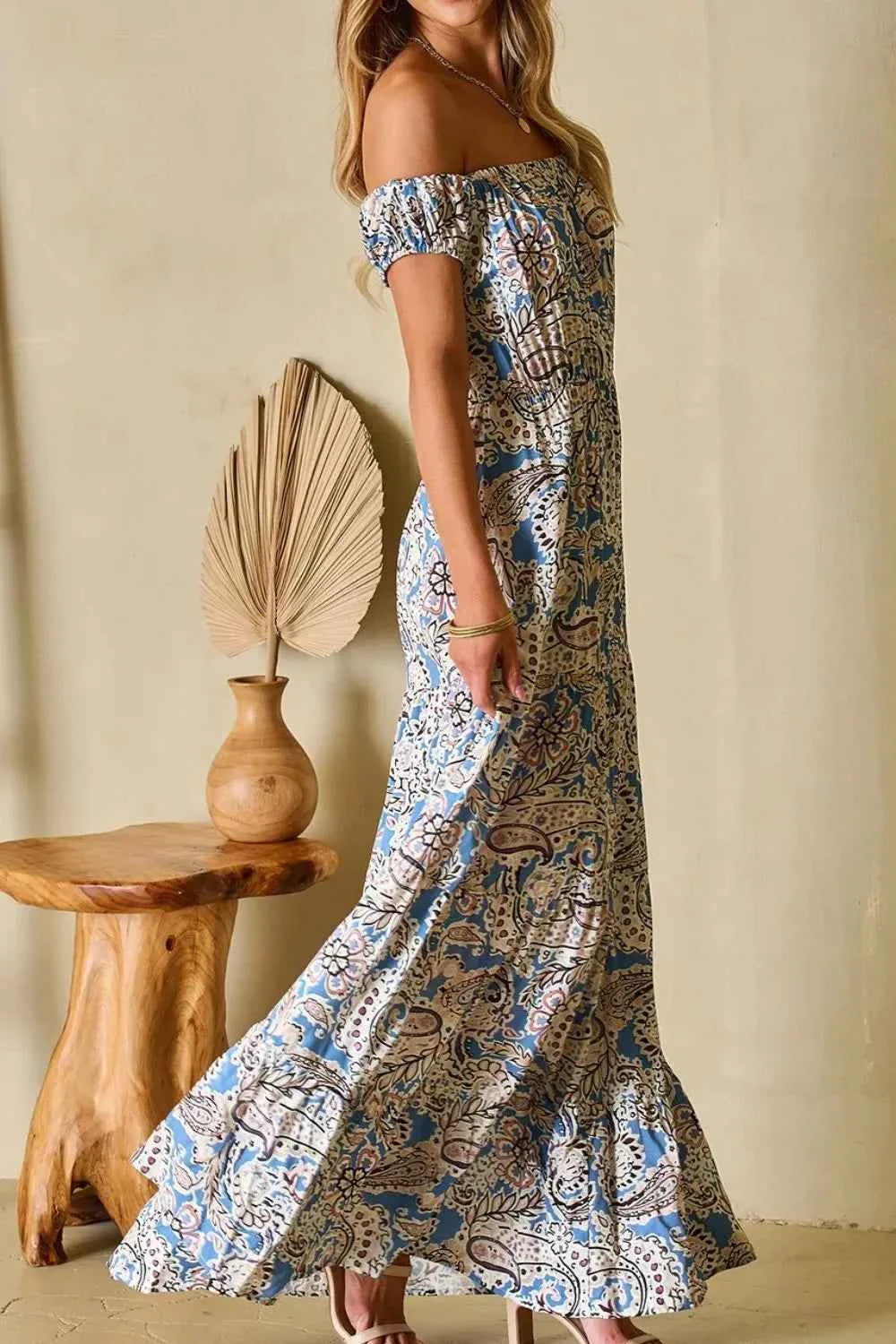 Boho Paisley Print Off Shoulder Maxi Dress
