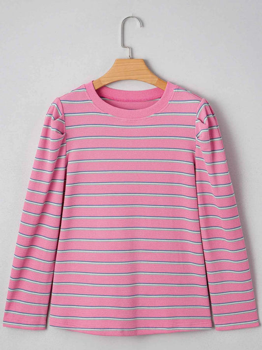 Stripe Textured Knit Round Neck Puff Sleeve Top