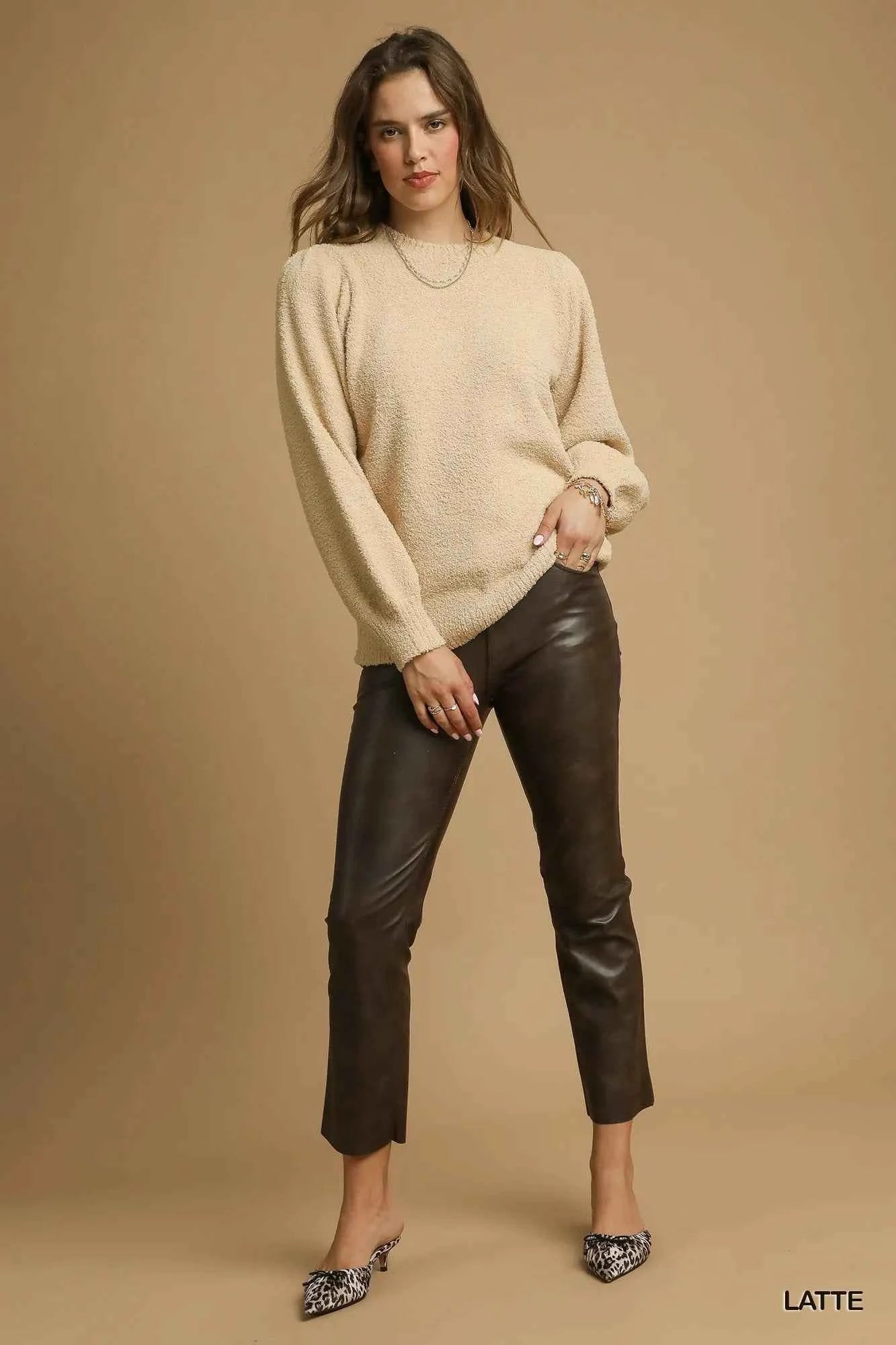 Umgee Textured Long Sleeve Sweater with Ribbed Trim